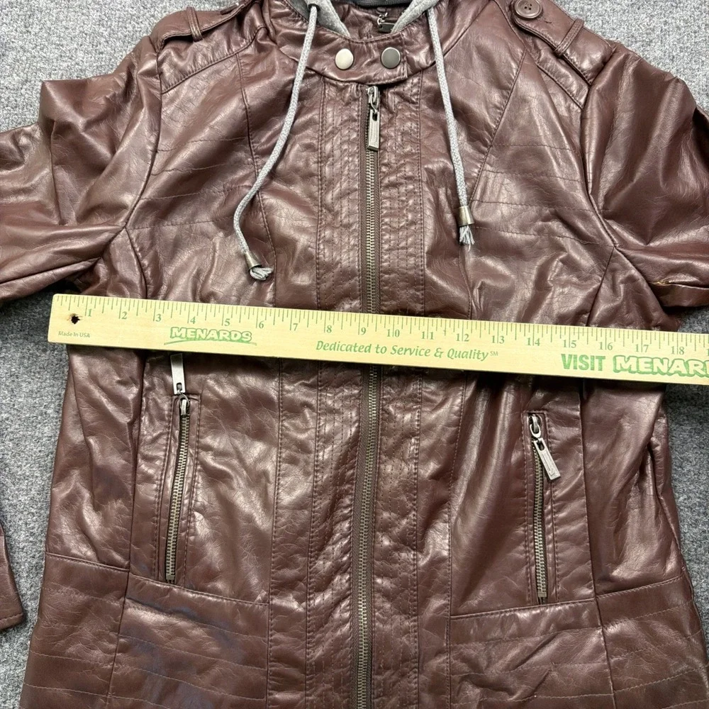 J2 Women's Large Brown‎ Faux Leather Fur Hooded Fashion Jacket Fur Lining